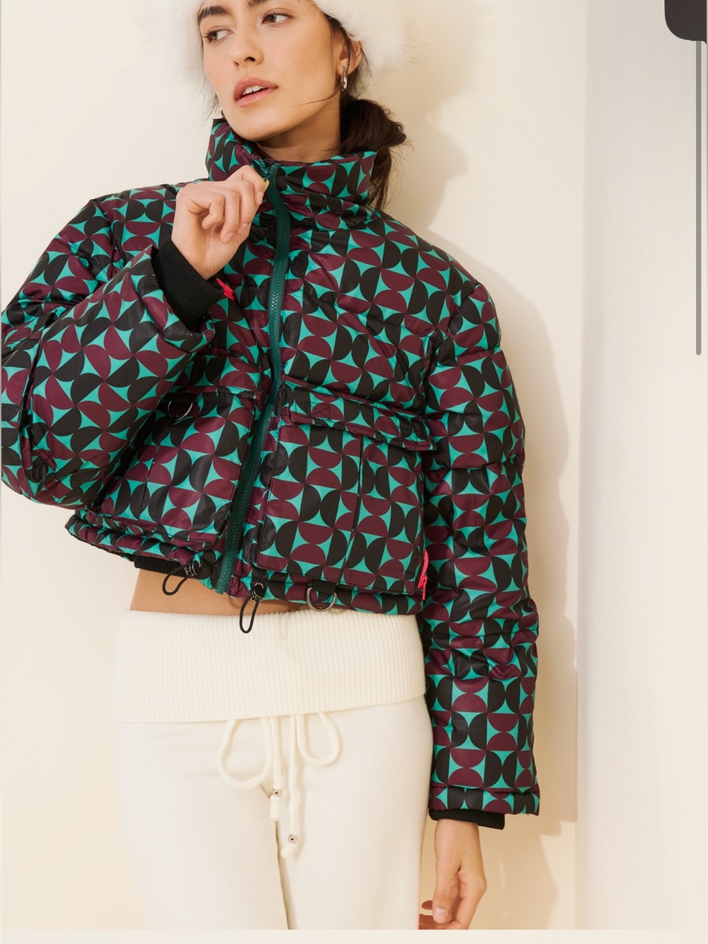 Cynthia Rowley Geometric Print Puffer Jacket with Pink Embroidered palm tree - Picture 2 of 2